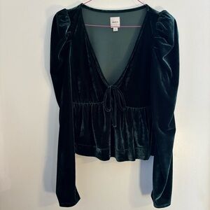 Anthropologie Maeve Velvet Babydoll Top in dark green velour - Size L